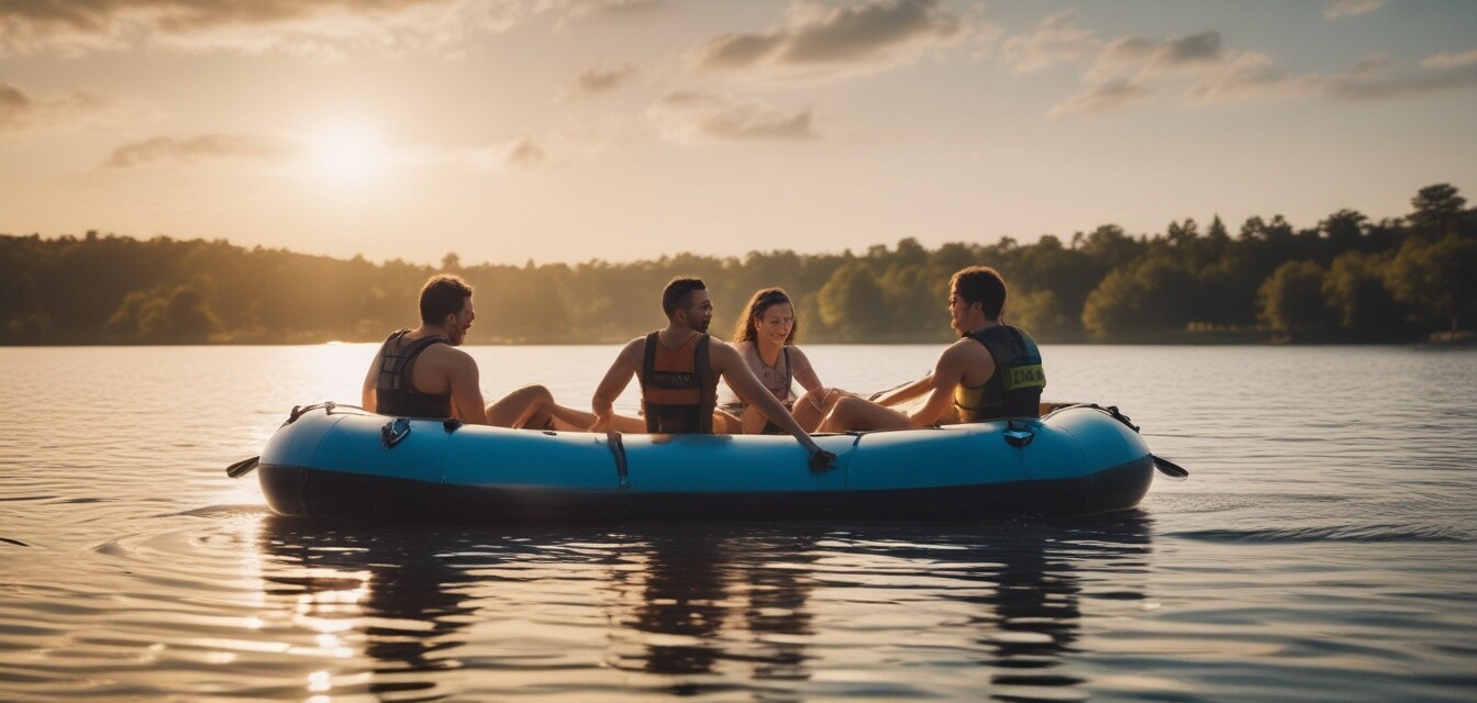 Friends having fun on a lake with towable tubes